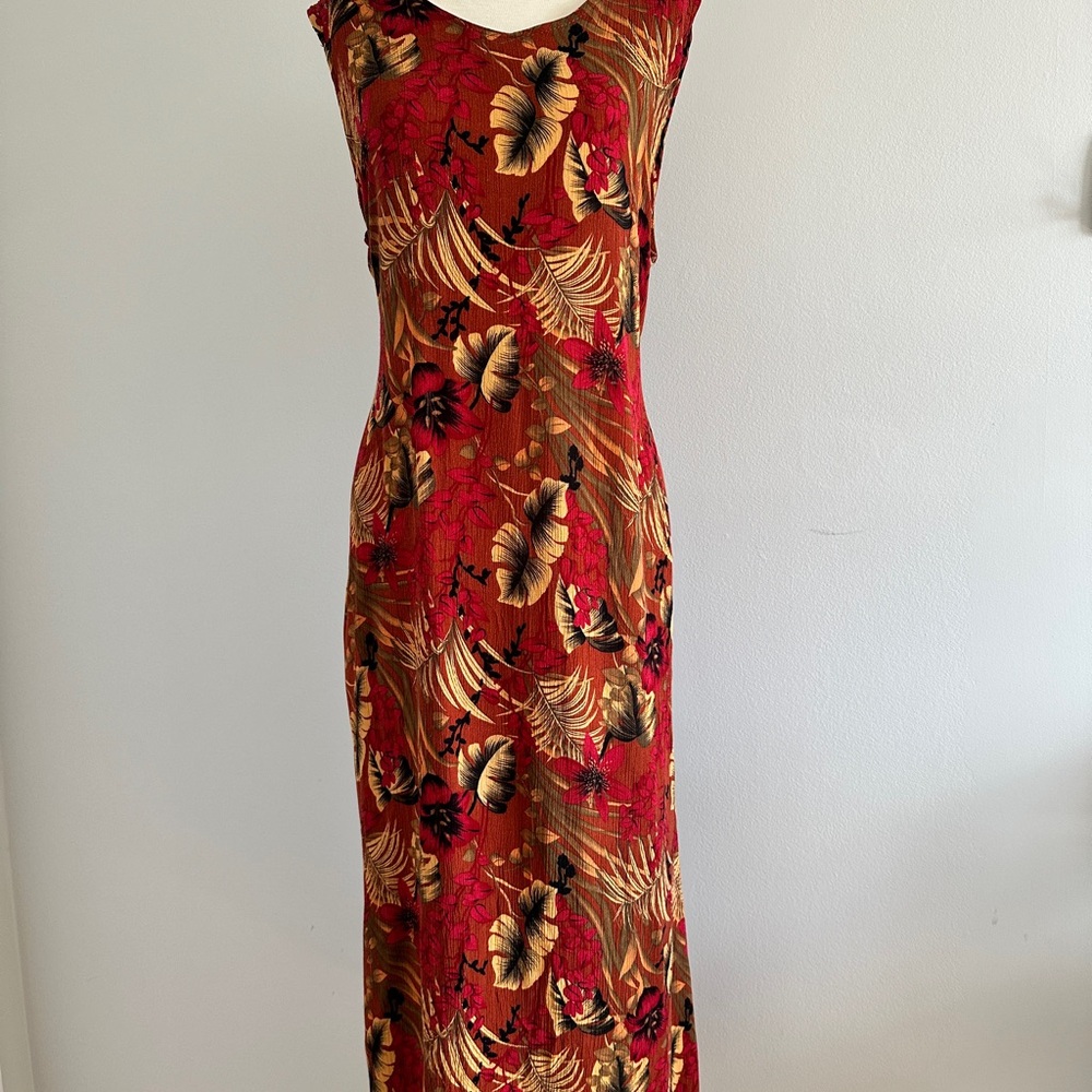 Vintage Red V-Neck Hawaiian Sheath Maxi Dress